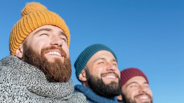 Happy men in winter hats, looking up, clear sky