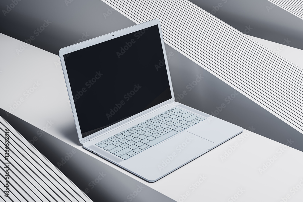 Poster modern white laptop with a sleek design placed on a stylish geometric background. 3d rendering