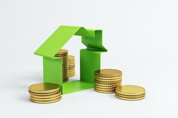 Green house-shaped structure with stacks of gold coins on a light background. Concept of real estate investment, mortgage, savings, and property finance. 3D Rendering