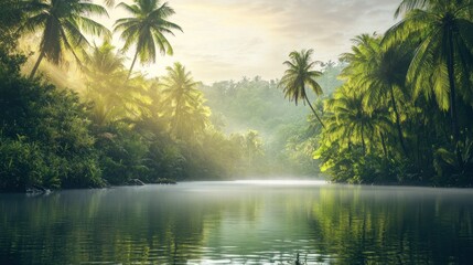 Obraz premium Tropical River Scene at Sunrise with Palm Trees and Lush Vegetation