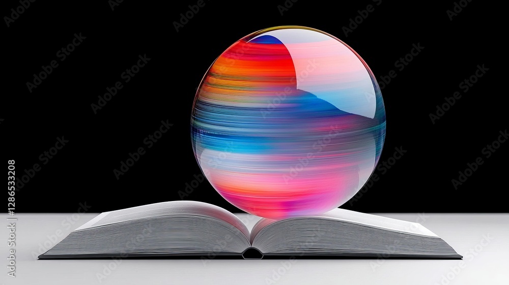 Poster colorful sphere on open book with striking swirls and patterns