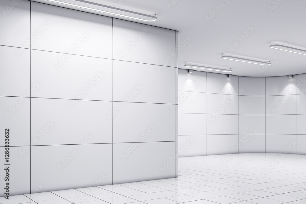 Poster modern white gallery exhibition space with spotlights and tiled floor. 3d rendering