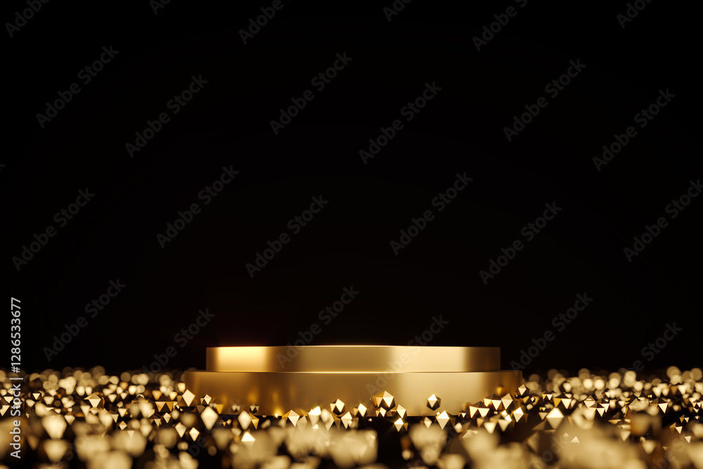 Poster golden podium with sparkling geometric particles on dark background. 3d rendering