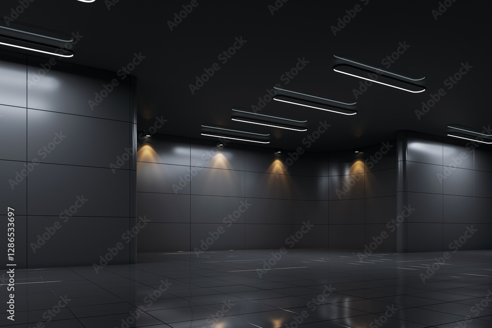 Poster dark modern exhibition hall with spotlights and glossy tiled floor. 3d rendering