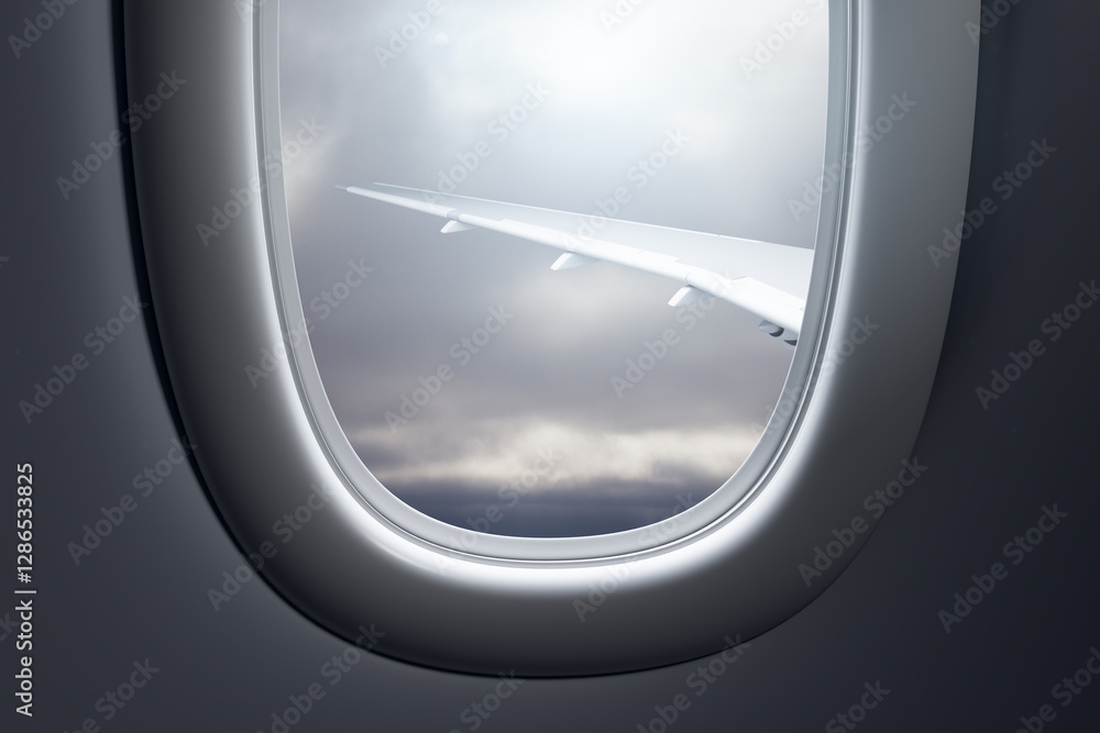 Poster airplane wing view from window with cloudy sky outside. 3d rendering