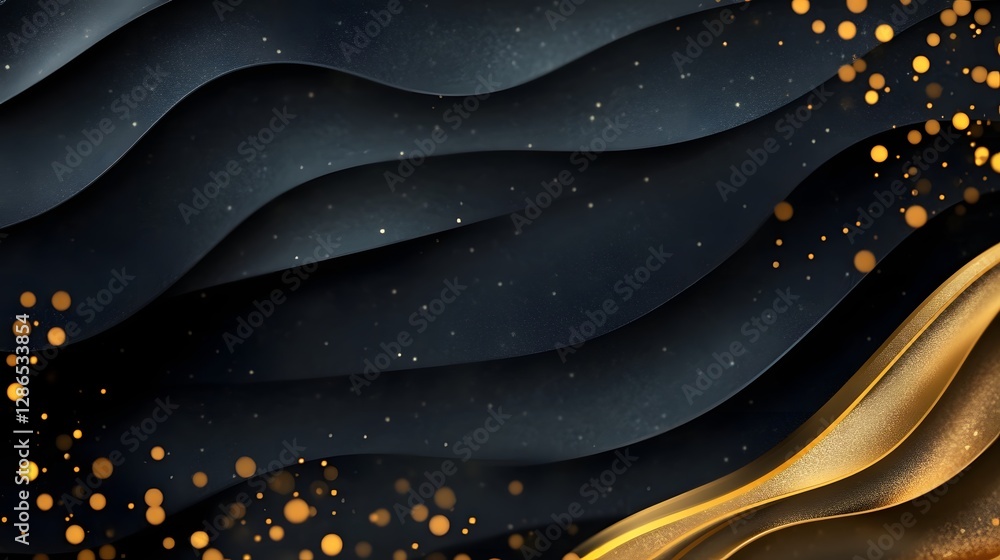 Poster elegant black and gold abstract background with soft waves and shimmering particles