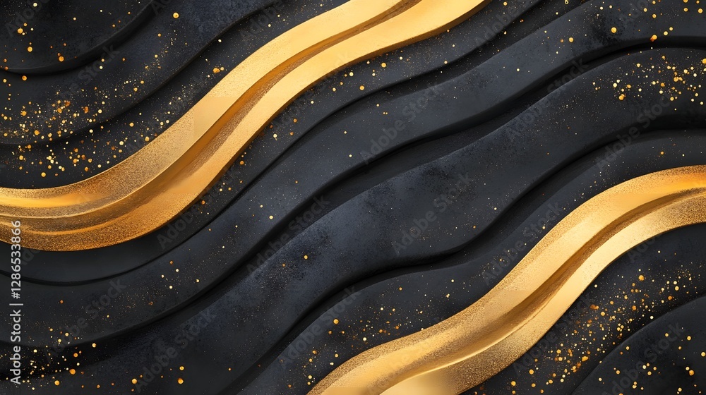Poster elegant black and gold abstract background with soft waves and shimmering particles