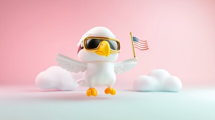 Cute Cartoon Eagle with Sunglasses and American Flag in Pink Setting