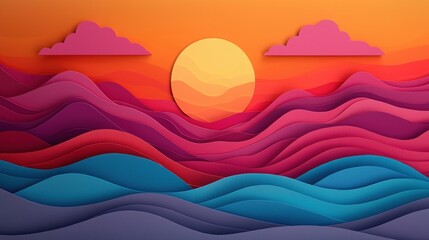 Bright Sunrise on Layered Paper Hills