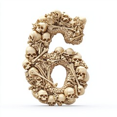 Number 6 made of detailed human bones with realistic texture isolated on a clean white background