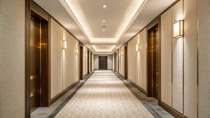 modern hotel hallway with soft lighting, elegant design, and luxurious atmosphere. corridor features stylish doors and plush carpet, creating welcoming ambiance