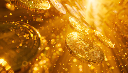 Bitcoin reaching new milestone, all time high. Bitcoins raining from the skies.
Ethereal abstract yellow light bokeh background with blurred defocused effect for design
