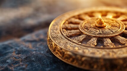Obraz premium A detailed golden Dharma Wheel resting on textured stone, symbolizing the Buddhist path, enlightenment, and spiritual journey