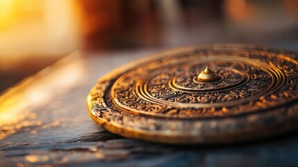 A detailed golden Dharma Wheel resting on textured stone, symbolizing the Buddhist path, enlightenment, and spiritual journey