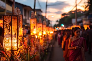 A vibrant festival scene with glowing lanterns and people dressed in traditional attire, celebrating at dusk with warmth and cultural richness
