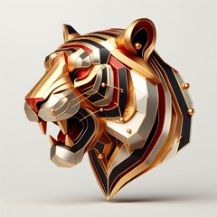 3d Geometric metallic gold red cool tiger head Illustration, white background