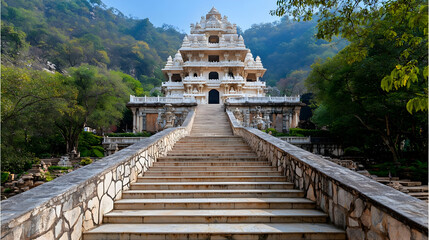 Hilltop temple stairs, serene landscape, spiritual peace, travel photography