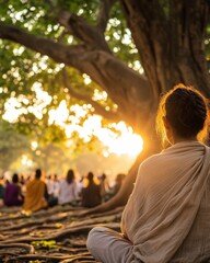A woman sits in deep meditation under a sprawling tree at sunset, surrounded by a peaceful group practicing mindfulness in nature