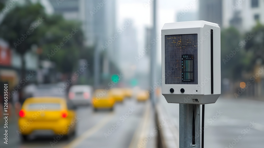 Poster outdoor air monitoring station with multiple sensors analyzing pollutants in busy city