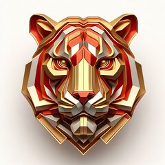 3d Geometric metallic gold red cool tiger head Illustration, white background