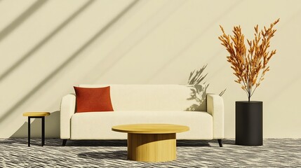 Warm sunlight softly illuminates minimalist living room featuring creamy sofa and wooden coffee table. AI Generated