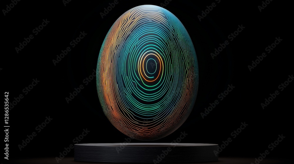 Poster colorful 3d egg shape with intricate line patterns and lighting