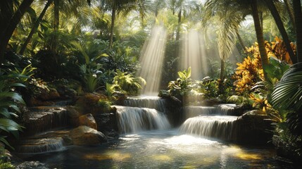 Fototapeta premium Tropical Waterfall with Sunbeams Streaming Through Lush Green Foliage