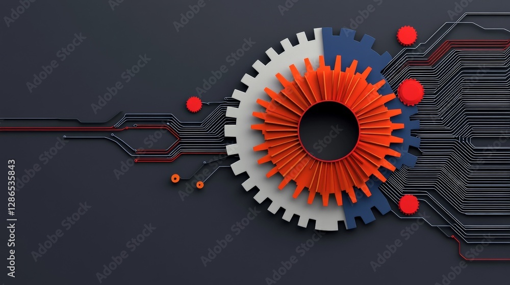 Poster abstract gear design with circuit board elements on dark background