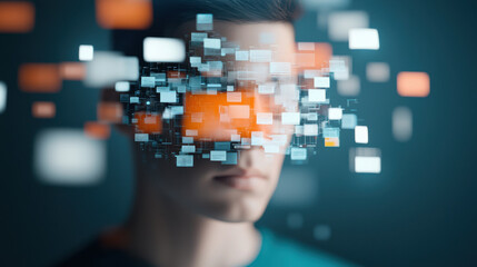 faceless person with floating digital data blocks around their head