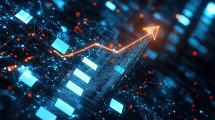 Growing Digital Bar Graph with Upward Arrow Displaying Data Progress