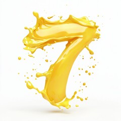 Number 7 made of bright yellow paint splash with energetic swirling motion and smooth glossy texture isolated on a clean white background