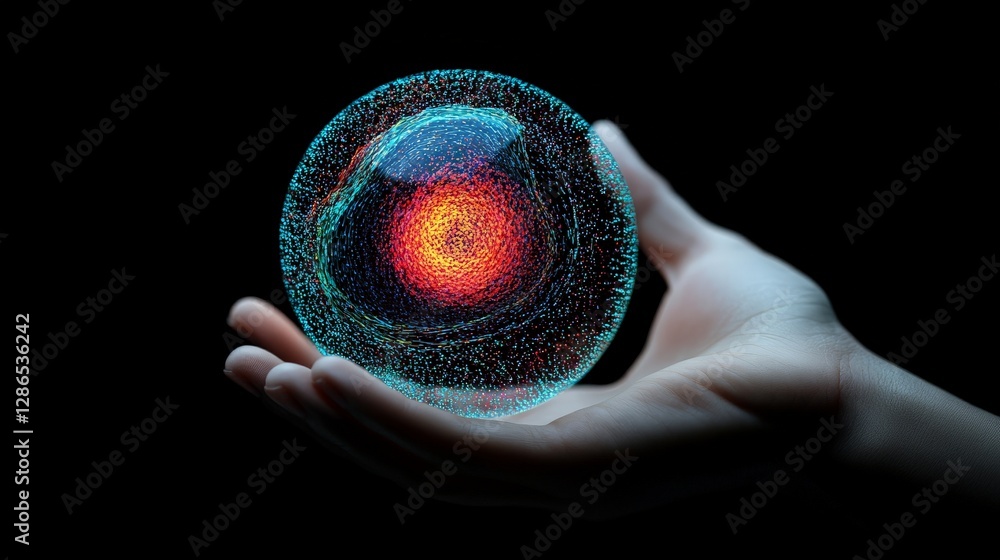 Poster glowing sphere in hand with abstract swirling patterns and colors