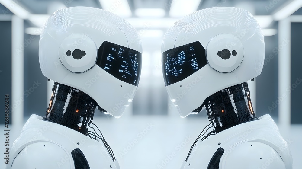 Aufkleber futuristic robots engaging in brain-to-brain data transfer