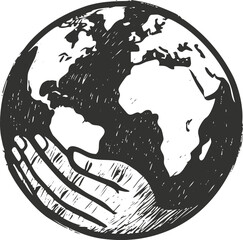 Hand holding Earth sketch illustration in black and white, symbolizing protection.