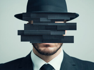 mysterious man in suit with pixelated face obscured by digital blocks