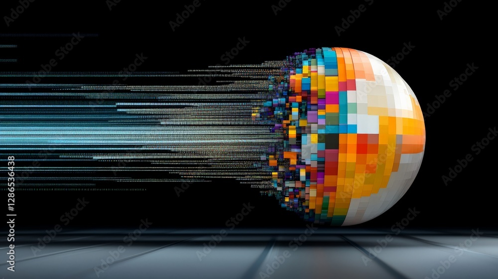 Poster abstract 3d sphere with motion blur and colorful pixel explosion effect