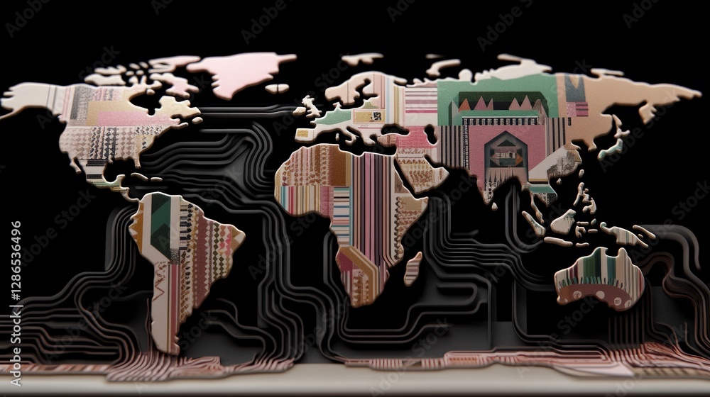 Aufkleber artistic world map with geometric patterns and lines in black background