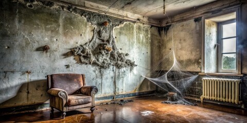 A dark, damp corner in a house with black mold growing on the wall and ceiling