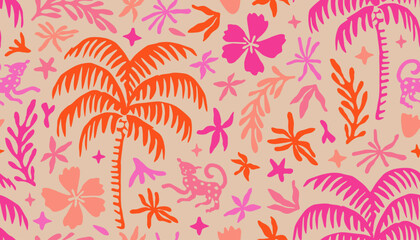Tropical seamless pattern with hand drawn palm trees. Hawaiian florals summer background for fabric, textiles, clothing, poster, cover, decoration, banner, wallpaper, interior. Vector illustration.