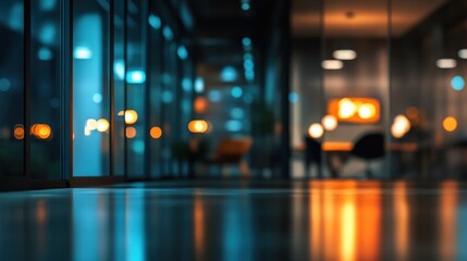 Blurred night view of a modern office hallway with glass walls reflecting lights.