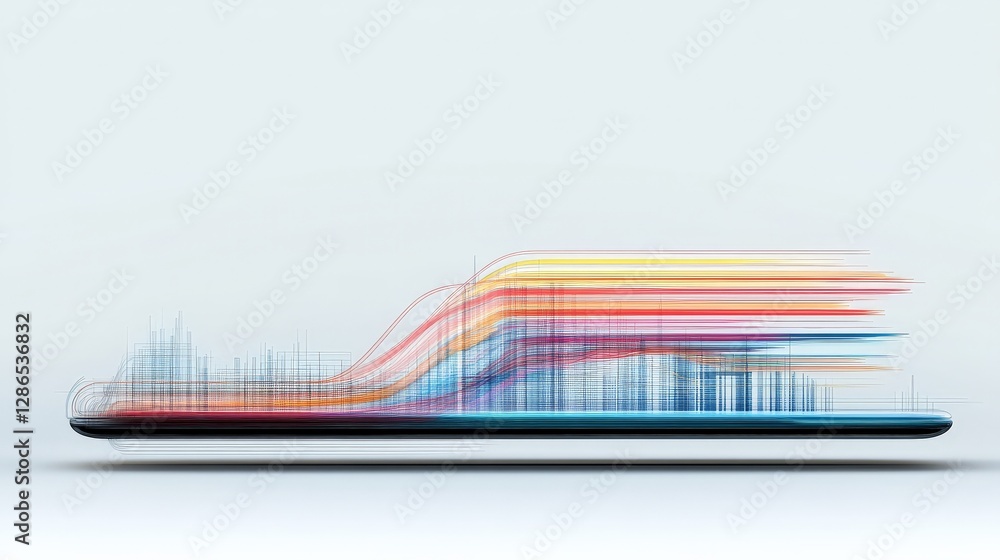 Poster vibrant data visualization flowing from modern laptop computer