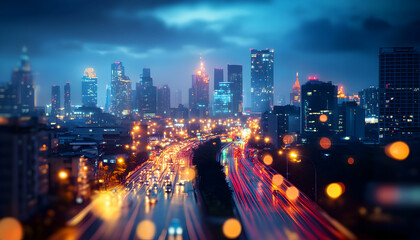 Fototapeta premium Photo - Cityscape Night Lights Traffic Blurred Motion Urban Scene