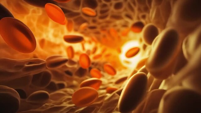 A highly detailed 3D-rendered visualization of red blood cells flowing through a blood vessel, illuminated by warm golden light, representing advanced medical science and circulation.  
