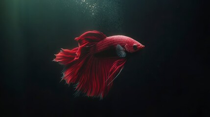 Red Betta Fish Underwater  Elegant Tail  Dark Background