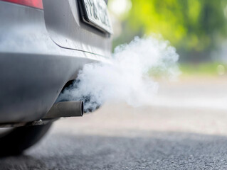 Car exhaust pipe emitting dense fumes on sunny day