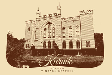 Old castle, Kurnik, Poland. Vintage brown and beige graphics, engraved, vector. Old retro design. © B.inna