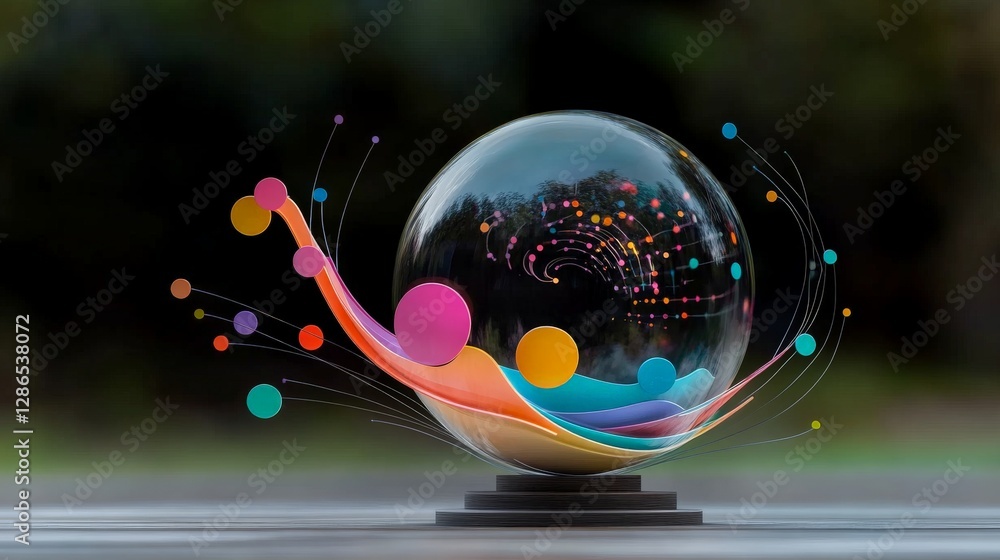 Poster colorful abstract sphere with flowing elements and vibrant dots
