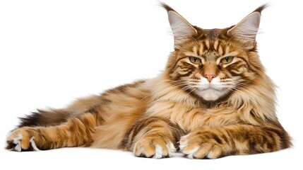 Majestic Maine Coon Cat Relaxing on White Background with Relaxed Expression and Fluffy Fur