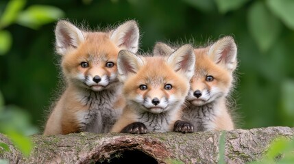 Obraz premium Three adorable red fox kits on a tree stump