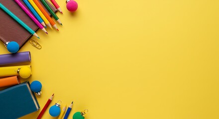 Back to School Flat Lay with Books & Pencils on Yellow Background